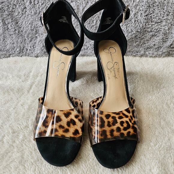 Jessica Simpson Women's Sherron Clear Leopard Block Heel Sandals Size 10M Black - Picture 2 of 6